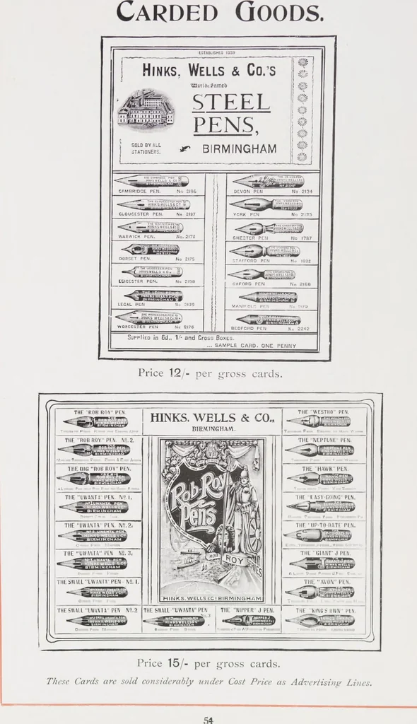 An illustration from Illustrated catalogue / Hinks, Wells & Co., manufacturers of steel & metal pens, penholders, letter clips, ticket hooks, shelf suspenders, drawing pins, stationers' sundries, etc, 1911, leaf 60