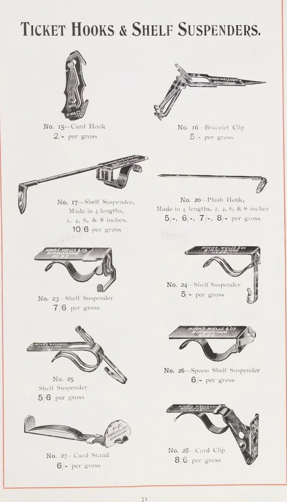 An illustration from Illustrated catalogue / Hinks, Wells & Co., manufacturers of steel & metal pens, penholders, letter clips, ticket hooks, shelf suspenders, drawing pins, stationers' sundries, etc, 1911, leaf 77