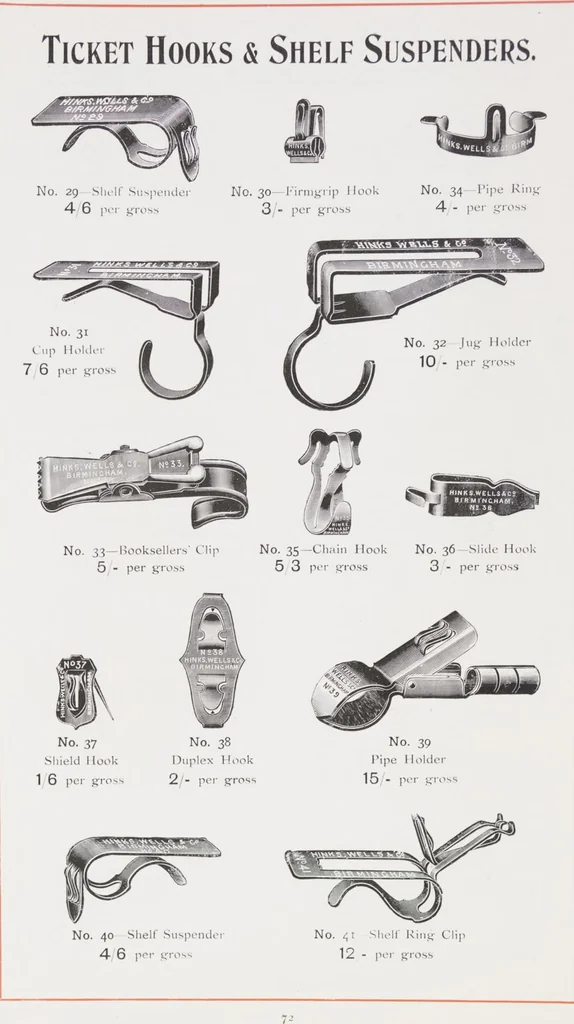 An illustration from Illustrated catalogue / Hinks, Wells & Co., manufacturers of steel & metal pens, penholders, letter clips, ticket hooks, shelf suspenders, drawing pins, stationers' sundries, etc, 1911, leaf 78