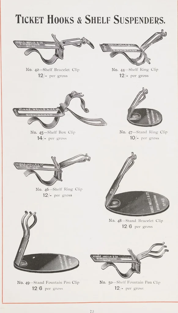 An illustration from Illustrated catalogue / Hinks, Wells & Co., manufacturers of steel & metal pens, penholders, letter clips, ticket hooks, shelf suspenders, drawing pins, stationers' sundries, etc, 1911, leaf 79