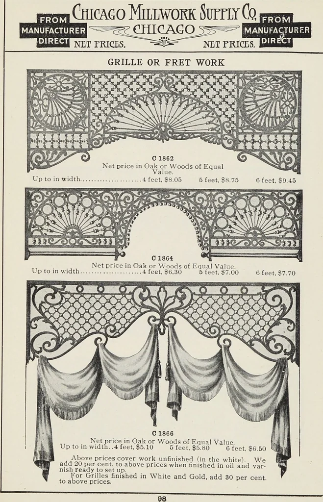An illustration from Catalogue no. 15 from Chicago Millwork Supply Co., Chicago, U.S.A., manufacturers : doors, windows, mouldings, grilles, mantels, stairwork, etc., etc., 1906, leaf 100