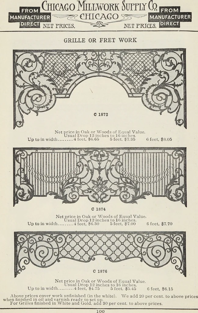 An illustration from Catalogue no. 15 from Chicago Millwork Supply Co., Chicago, U.S.A., manufacturers : doors, windows, mouldings, grilles, mantels, stairwork, etc., etc., 1906, leaf 102