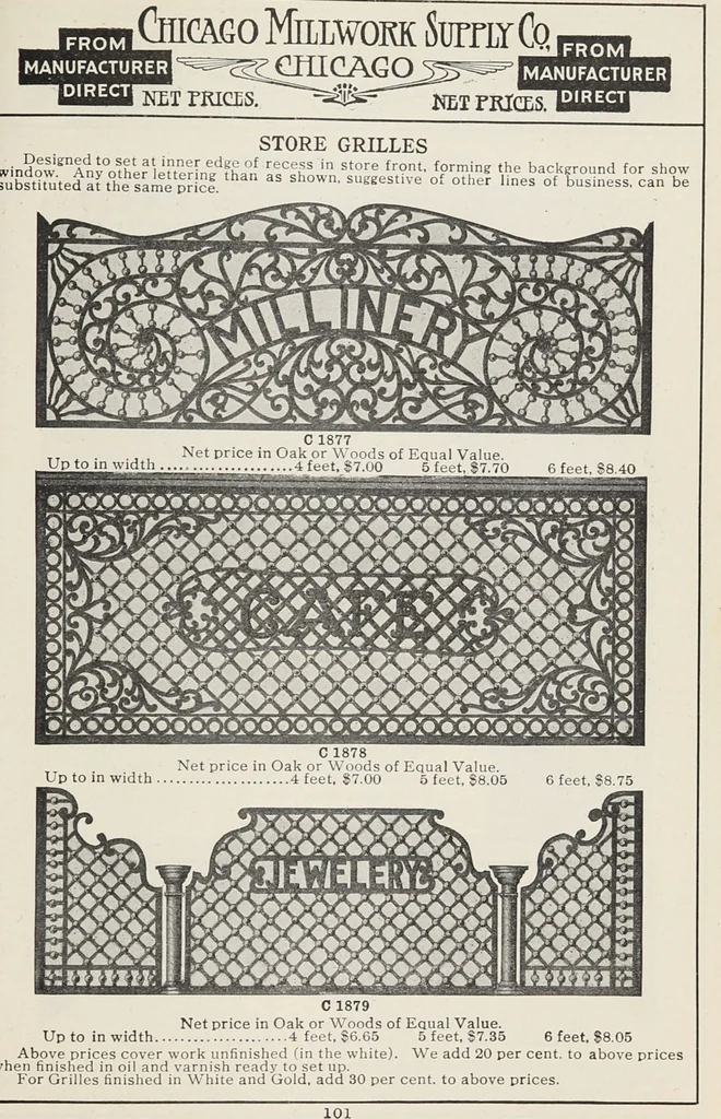 An illustration from Catalogue no. 15 from Chicago Millwork Supply Co., Chicago, U.S.A., manufacturers : doors, windows, mouldings, grilles, mantels, stairwork, etc., etc., 1906, leaf 103