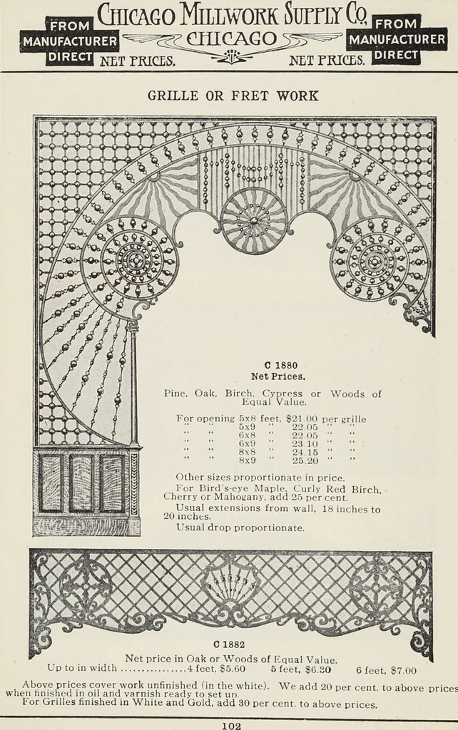 An illustration from Catalogue no. 15 from Chicago Millwork Supply Co., Chicago, U.S.A., manufacturers : doors, windows, mouldings, grilles, mantels, stairwork, etc., etc., 1906, leaf 104