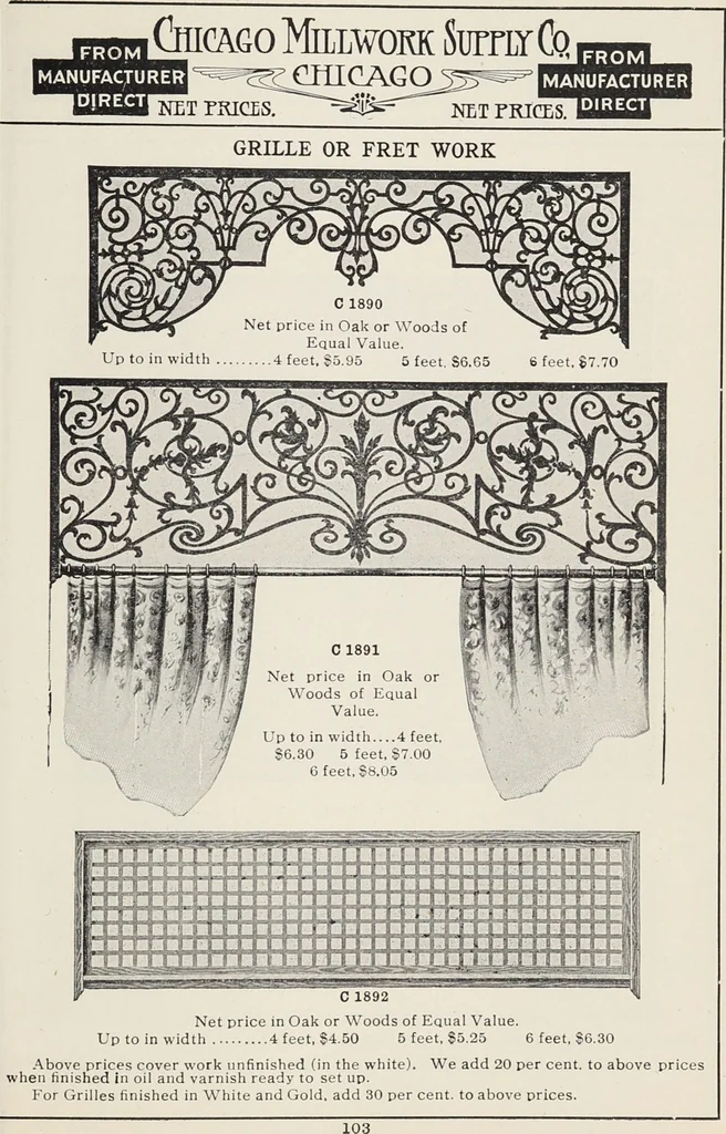 An illustration from Catalogue no. 15 from Chicago Millwork Supply Co., Chicago, U.S.A., manufacturers : doors, windows, mouldings, grilles, mantels, stairwork, etc., etc., 1906, leaf 105