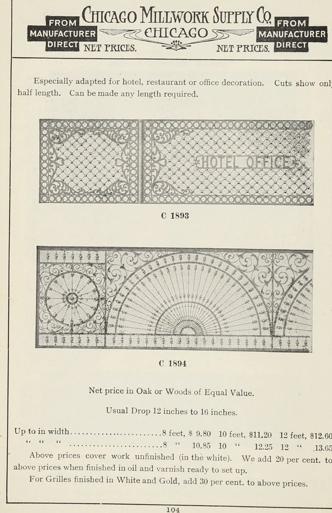 An illustration from Catalogue no. 15 from Chicago Millwork Supply Co., Chicago, U.S.A., manufacturers : doors, windows, mouldings, grilles, mantels, stairwork, etc., etc., 1906, leaf 106