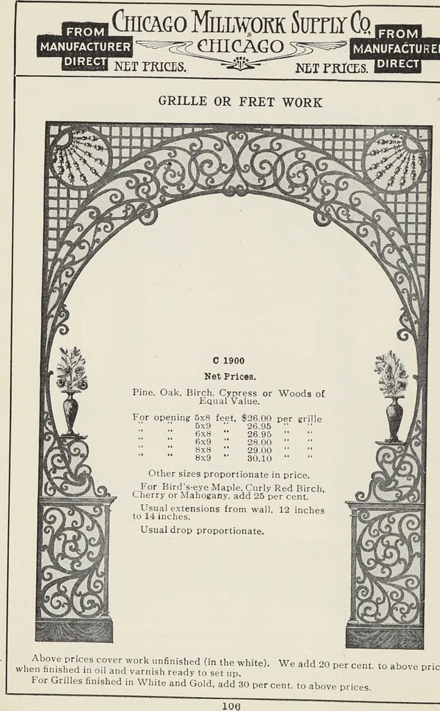An illustration from Catalogue no. 15 from Chicago Millwork Supply Co., Chicago, U.S.A., manufacturers : doors, windows, mouldings, grilles, mantels, stairwork, etc., etc., 1906, leaf 108