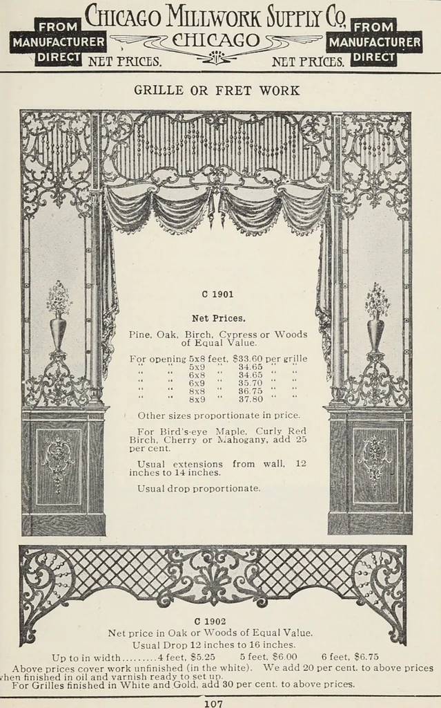 An illustration from Catalogue no. 15 from Chicago Millwork Supply Co., Chicago, U.S.A., manufacturers : doors, windows, mouldings, grilles, mantels, stairwork, etc., etc., 1906, leaf 109