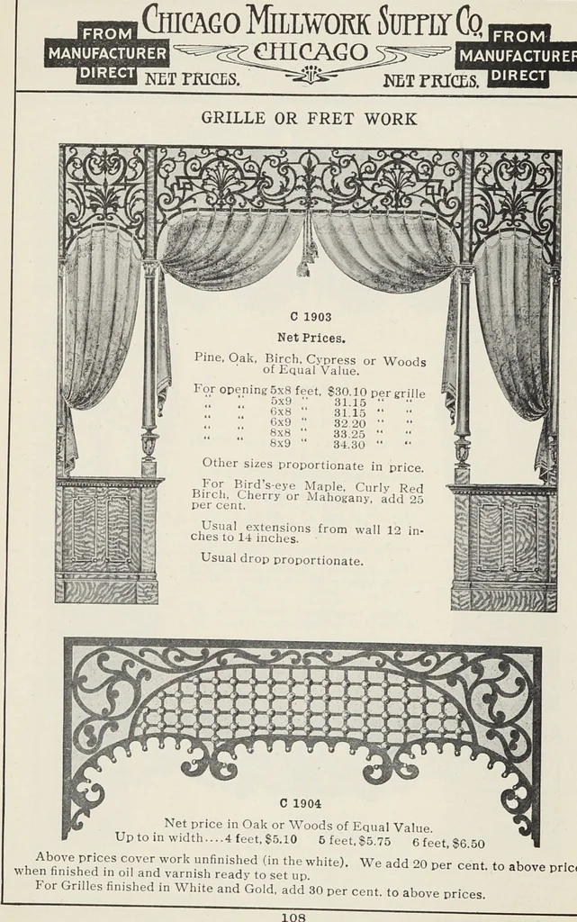 An illustration from Catalogue no. 15 from Chicago Millwork Supply Co., Chicago, U.S.A., manufacturers : doors, windows, mouldings, grilles, mantels, stairwork, etc., etc., 1906, leaf 110