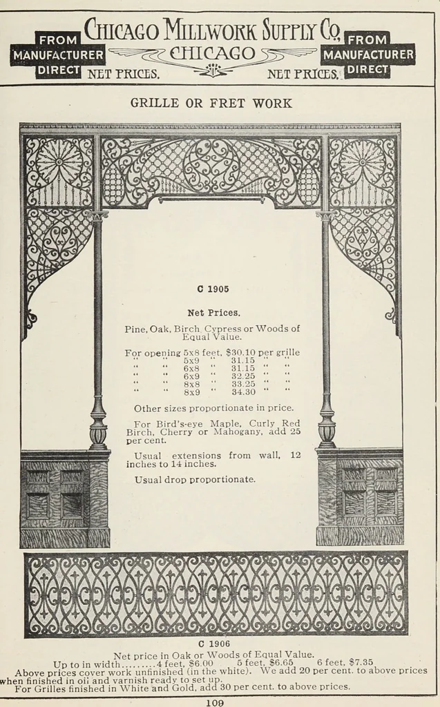 An illustration from Catalogue no. 15 from Chicago Millwork Supply Co., Chicago, U.S.A., manufacturers : doors, windows, mouldings, grilles, mantels, stairwork, etc., etc., 1906, leaf 111