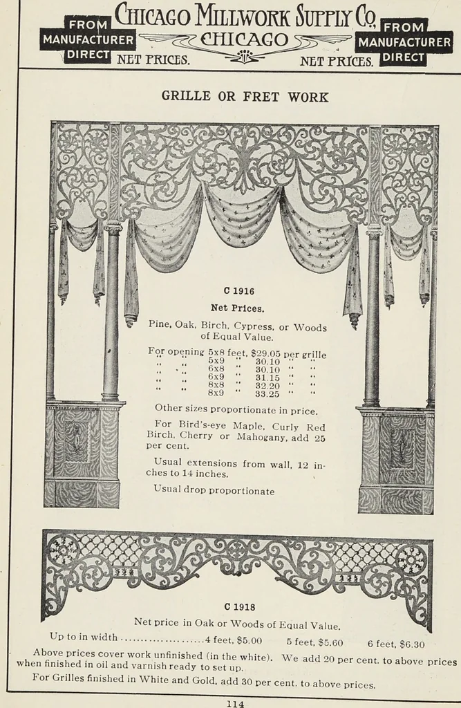 An illustration from Catalogue no. 15 from Chicago Millwork Supply Co., Chicago, U.S.A., manufacturers : doors, windows, mouldings, grilles, mantels, stairwork, etc., etc., 1906, leaf 116