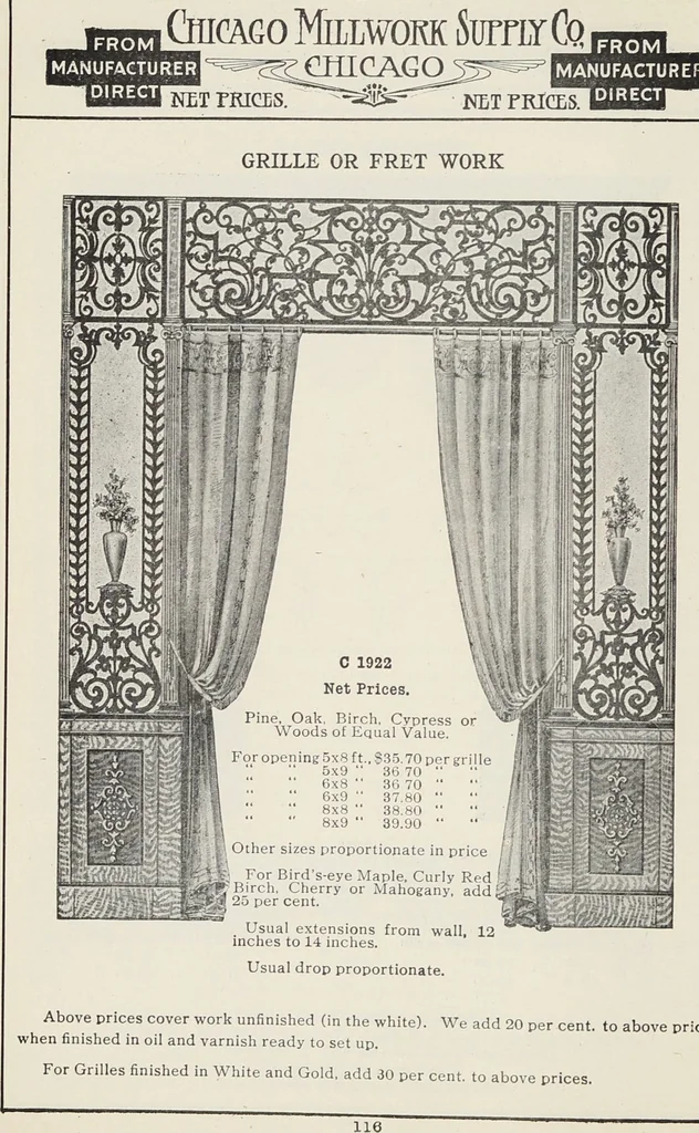 An illustration from Catalogue no. 15 from Chicago Millwork Supply Co., Chicago, U.S.A., manufacturers : doors, windows, mouldings, grilles, mantels, stairwork, etc., etc., 1906, leaf 118