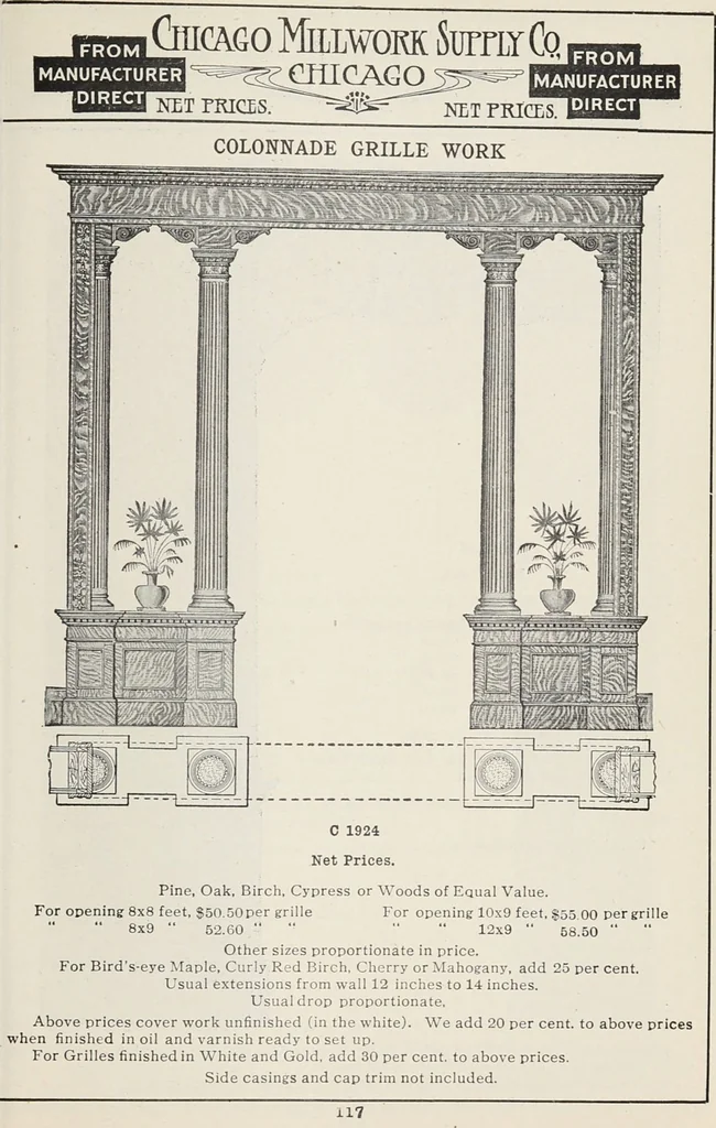 An illustration from Catalogue no. 15 from Chicago Millwork Supply Co., Chicago, U.S.A., manufacturers : doors, windows, mouldings, grilles, mantels, stairwork, etc., etc., 1906, leaf 119
