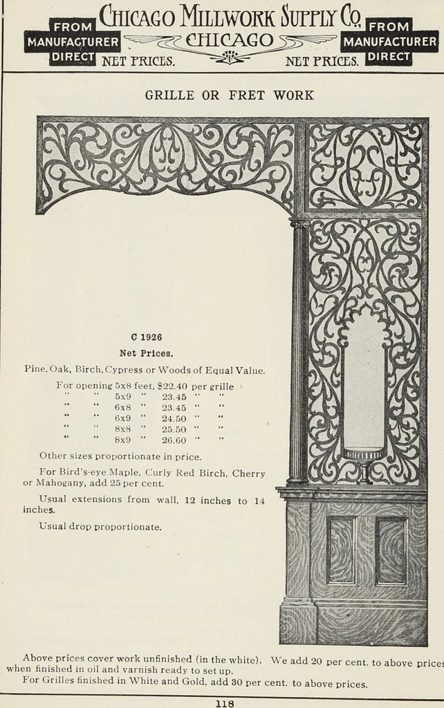 An illustration from Catalogue no. 15 from Chicago Millwork Supply Co., Chicago, U.S.A., manufacturers : doors, windows, mouldings, grilles, mantels, stairwork, etc., etc., 1906, leaf 120