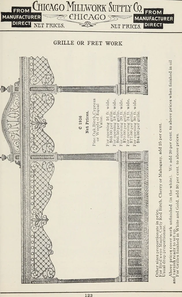 An illustration from Catalogue no. 15 from Chicago Millwork Supply Co., Chicago, U.S.A., manufacturers : doors, windows, mouldings, grilles, mantels, stairwork, etc., etc., 1906, leaf 125