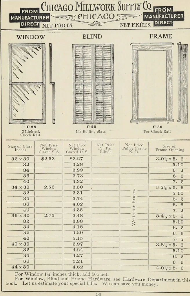 An illustration from Catalogue no. 15 from Chicago Millwork Supply Co., Chicago, U.S.A., manufacturers : doors, windows, mouldings, grilles, mantels, stairwork, etc., etc., 1906, leaf 18
