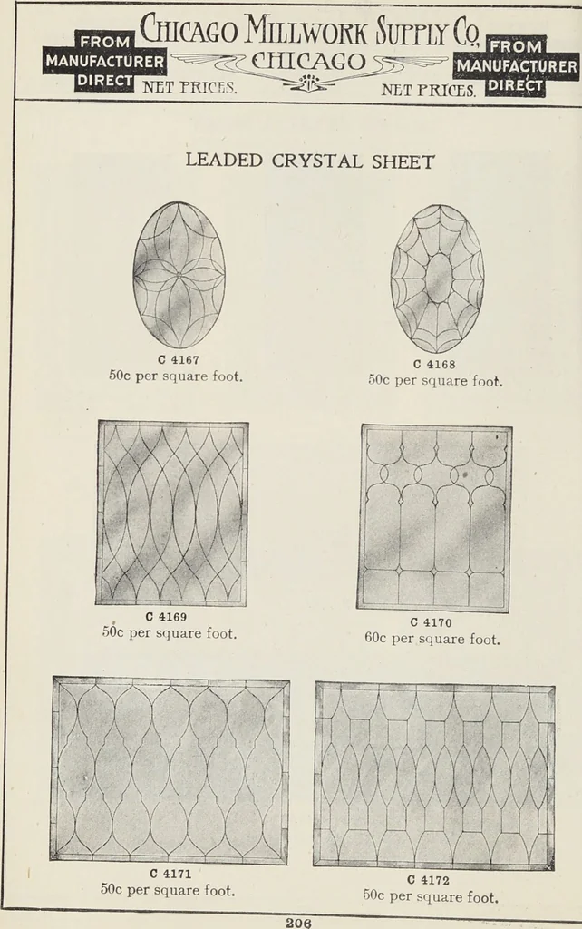 An illustration from Catalogue no. 15 from Chicago Millwork Supply Co., Chicago, U.S.A., manufacturers : doors, windows, mouldings, grilles, mantels, stairwork, etc., etc., 1906, leaf 208