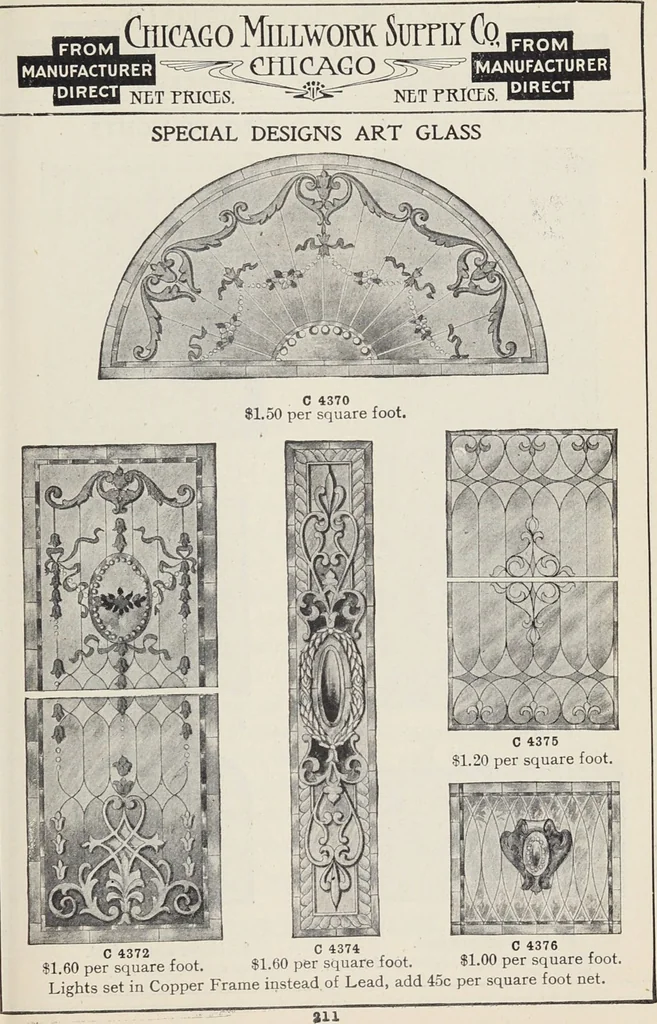 An illustration from Catalogue no. 15 from Chicago Millwork Supply Co., Chicago, U.S.A., manufacturers : doors, windows, mouldings, grilles, mantels, stairwork, etc., etc., 1906, leaf 213