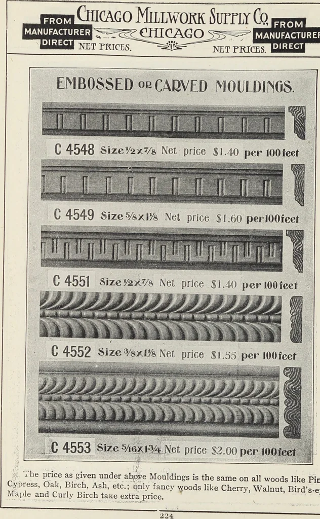 An illustration from Catalogue no. 15 from Chicago Millwork Supply Co., Chicago, U.S.A., manufacturers : doors, windows, mouldings, grilles, mantels, stairwork, etc., etc., 1906, leaf 226