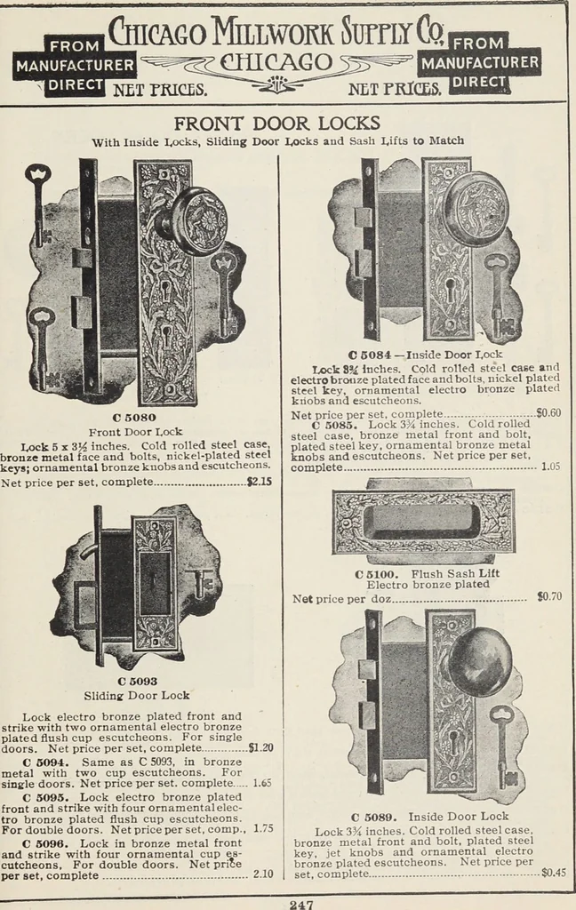 An illustration from Catalogue no. 15 from Chicago Millwork Supply Co., Chicago, U.S.A., manufacturers : doors, windows, mouldings, grilles, mantels, stairwork, etc., etc., 1906, leaf 249