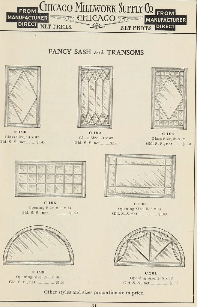 An illustration from Catalogue no. 15 from Chicago Millwork Supply Co., Chicago, U.S.A., manufacturers : doors, windows, mouldings, grilles, mantels, stairwork, etc., etc., 1906, leaf 33