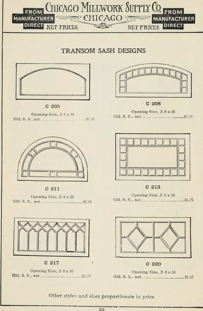 An illustration from Catalogue no. 15 from Chicago Millwork Supply Co., Chicago, U.S.A., manufacturers : doors, windows, mouldings, grilles, mantels, stairwork, etc., etc., 1906, leaf 34