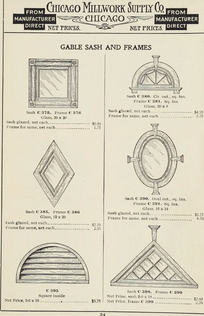 An illustration from Catalogue no. 15 from Chicago Millwork Supply Co., Chicago, U.S.A., manufacturers : doors, windows, mouldings, grilles, mantels, stairwork, etc., etc., 1906, leaf 36