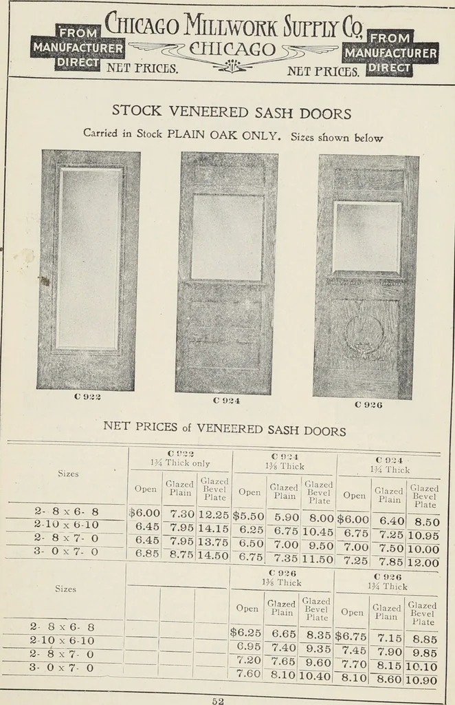 An illustration from Catalogue no. 15 from Chicago Millwork Supply Co., Chicago, U.S.A., manufacturers : doors, windows, mouldings, grilles, mantels, stairwork, etc., etc., 1906, leaf 54