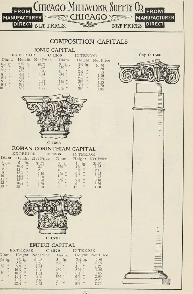 An illustration from Catalogue no. 15 from Chicago Millwork Supply Co., Chicago, U.S.A., manufacturers : doors, windows, mouldings, grilles, mantels, stairwork, etc., etc., 1906, leaf 77