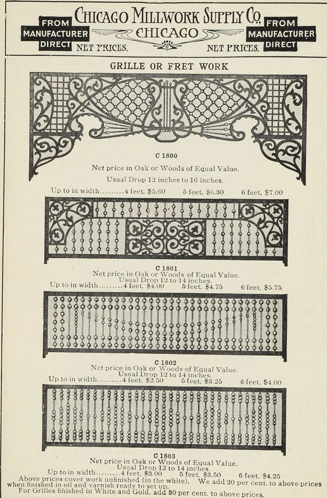 An illustration from Catalogue no. 15 from Chicago Millwork Supply Co., Chicago, U.S.A., manufacturers : doors, windows, mouldings, grilles, mantels, stairwork, etc., etc., 1906, leaf 88