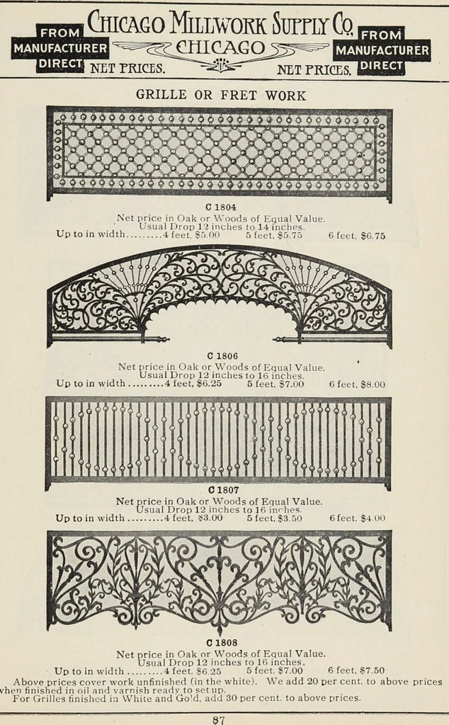 An illustration from Catalogue no. 15 from Chicago Millwork Supply Co., Chicago, U.S.A., manufacturers : doors, windows, mouldings, grilles, mantels, stairwork, etc., etc., 1906, leaf 89