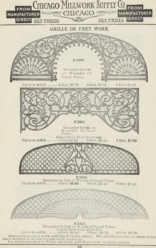 An illustration from Catalogue no. 15 from Chicago Millwork Supply Co., Chicago, U.S.A., manufacturers : doors, windows, mouldings, grilles, mantels, stairwork, etc., etc., 1906, leaf 90