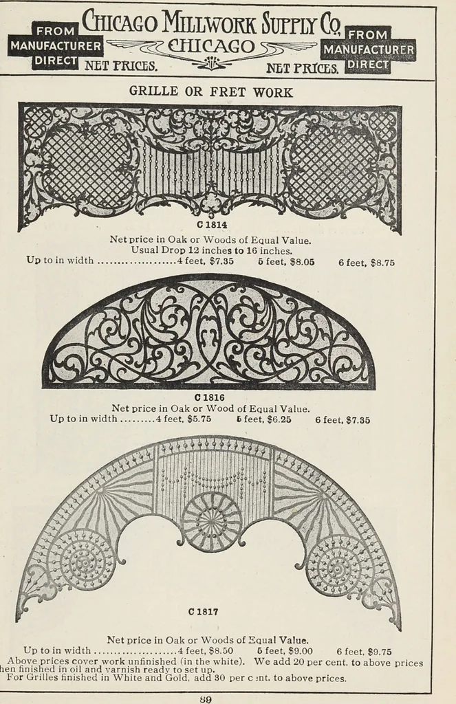 An illustration from Catalogue no. 15 from Chicago Millwork Supply Co., Chicago, U.S.A., manufacturers : doors, windows, mouldings, grilles, mantels, stairwork, etc., etc., 1906, leaf 91