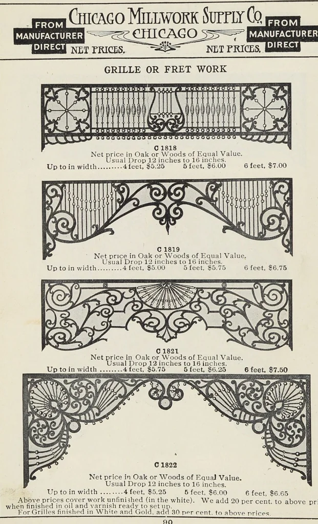 An illustration from Catalogue no. 15 from Chicago Millwork Supply Co., Chicago, U.S.A., manufacturers : doors, windows, mouldings, grilles, mantels, stairwork, etc., etc., 1906, leaf 92