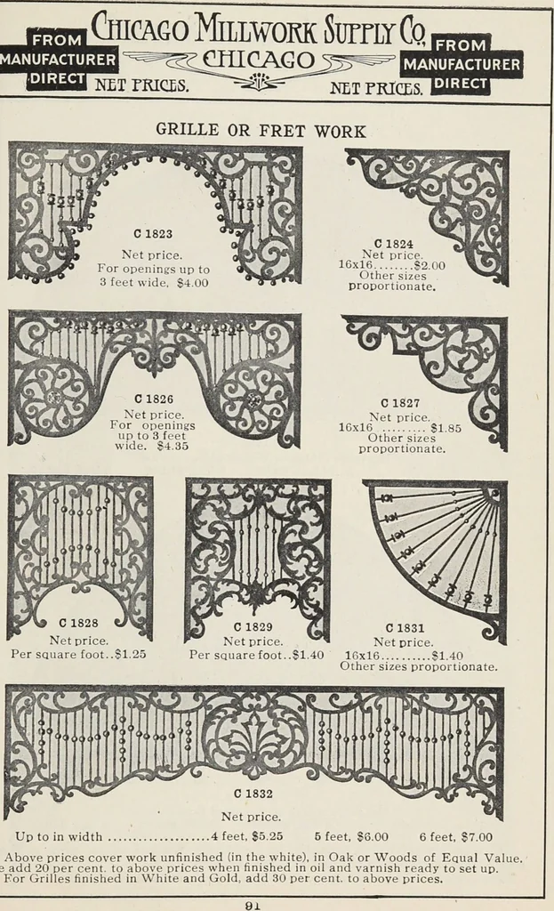 An illustration from Catalogue no. 15 from Chicago Millwork Supply Co., Chicago, U.S.A., manufacturers : doors, windows, mouldings, grilles, mantels, stairwork, etc., etc., 1906, leaf 93