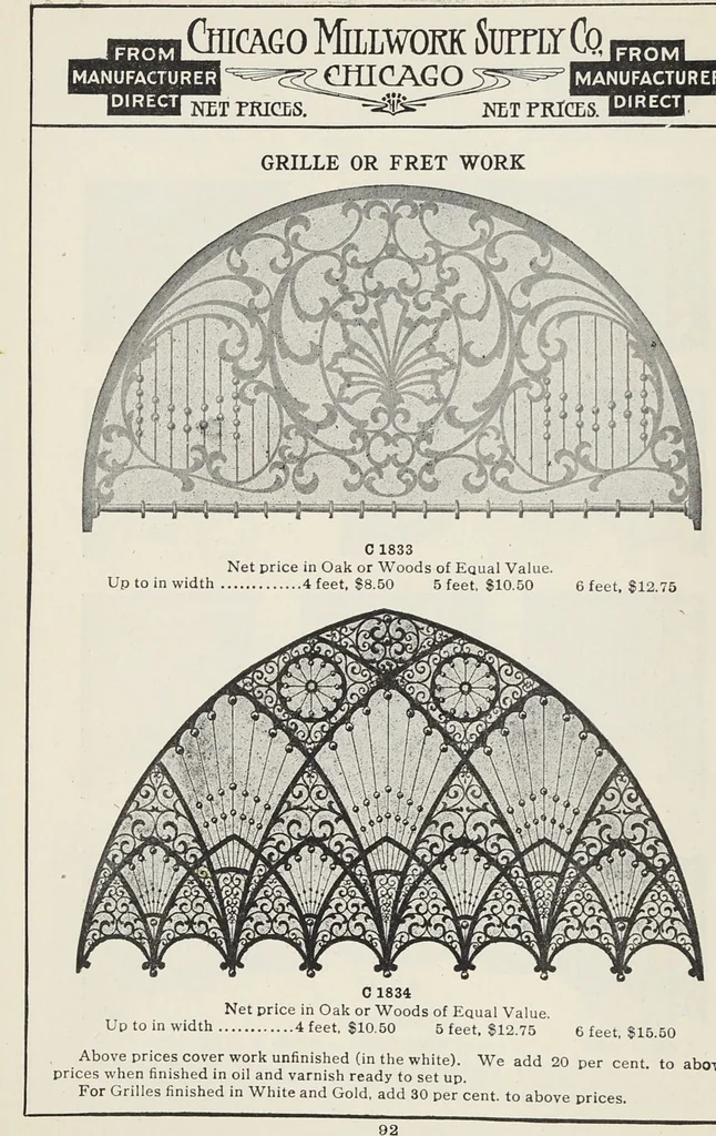 An illustration from Catalogue no. 15 from Chicago Millwork Supply Co., Chicago, U.S.A., manufacturers : doors, windows, mouldings, grilles, mantels, stairwork, etc., etc., 1906, leaf 94