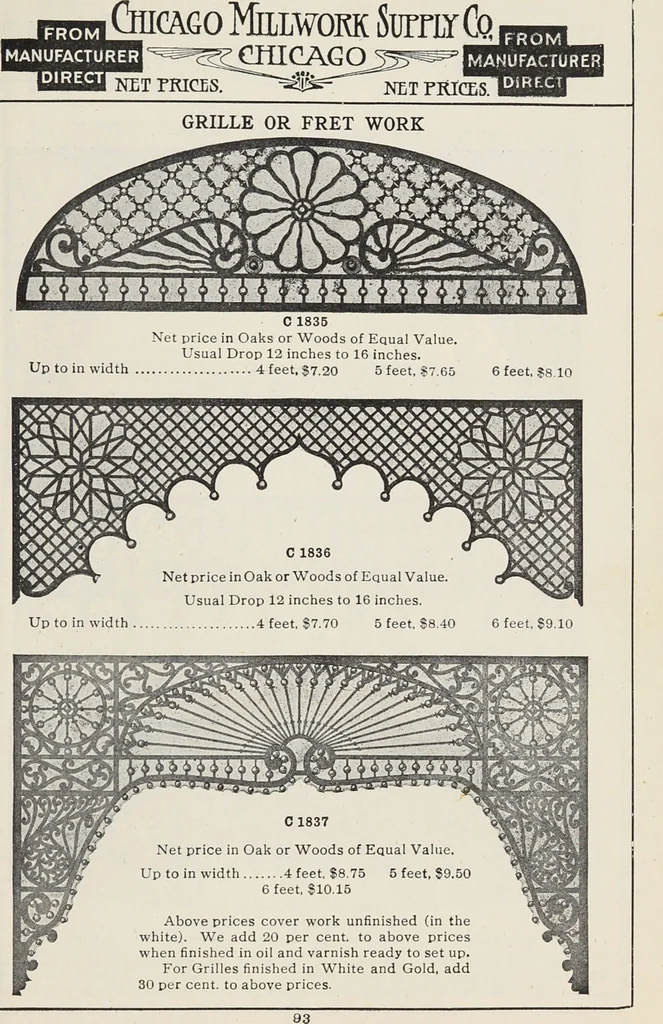 An illustration from Catalogue no. 15 from Chicago Millwork Supply Co., Chicago, U.S.A., manufacturers : doors, windows, mouldings, grilles, mantels, stairwork, etc., etc., 1906, leaf 95