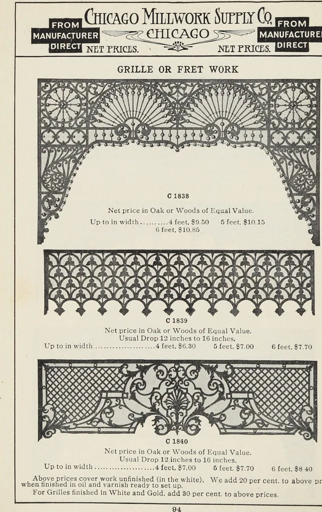 An illustration from Catalogue no. 15 from Chicago Millwork Supply Co., Chicago, U.S.A., manufacturers : doors, windows, mouldings, grilles, mantels, stairwork, etc., etc., 1906, leaf 96