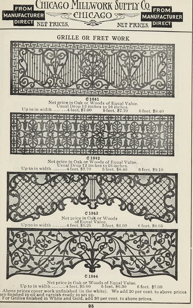 An illustration from Catalogue no. 15 from Chicago Millwork Supply Co., Chicago, U.S.A., manufacturers : doors, windows, mouldings, grilles, mantels, stairwork, etc., etc., 1906, leaf 97