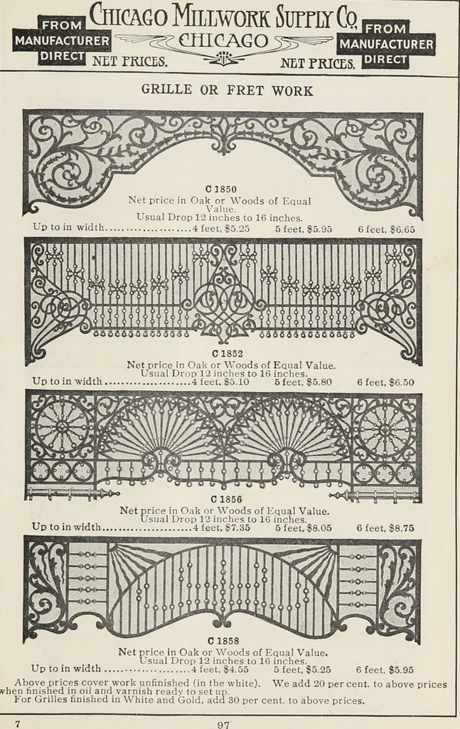An illustration from Catalogue no. 15 from Chicago Millwork Supply Co., Chicago, U.S.A., manufacturers : doors, windows, mouldings, grilles, mantels, stairwork, etc., etc., 1906, leaf 99