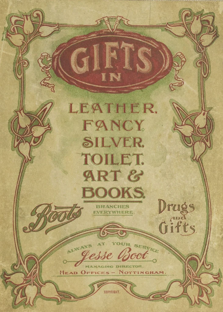 An illustration from Boots leather goods, fancy, silver, toilet, and bound book depts. Season 1910-11, 1910, leaf 1