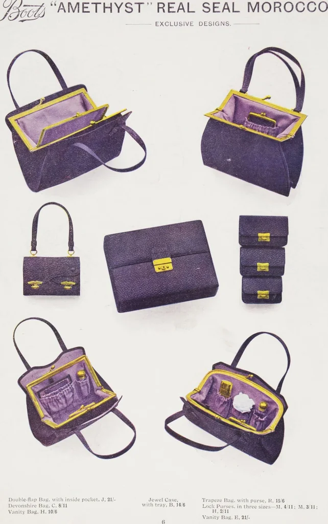 An illustration from Boots leather goods, fancy, silver, toilet, and bound book depts. Season 1910-11, 1910, leaf 10