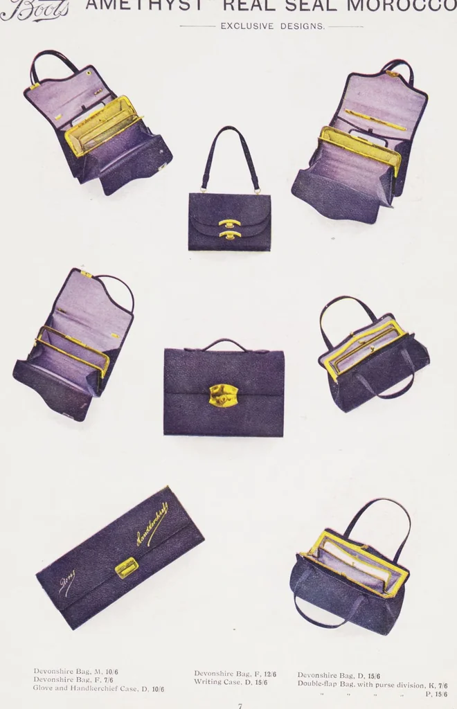 An illustration from Boots leather goods, fancy, silver, toilet, and bound book depts. Season 1910-11, 1910, leaf 11
