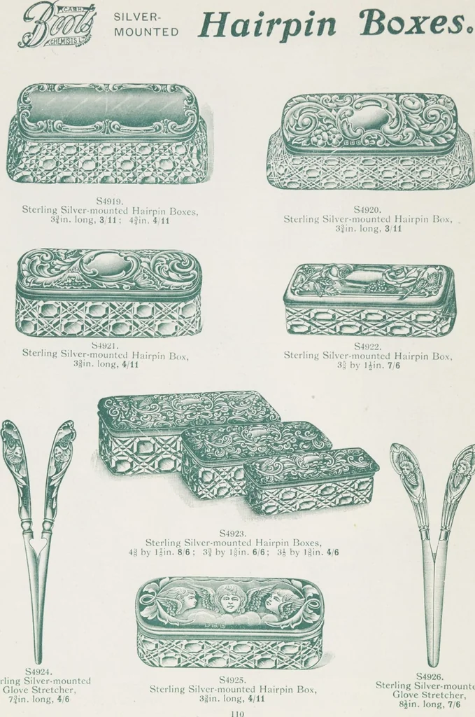 An illustration from Boots leather goods, fancy, silver, toilet, and bound book depts. Season 1910-11, 1910, leaf 114