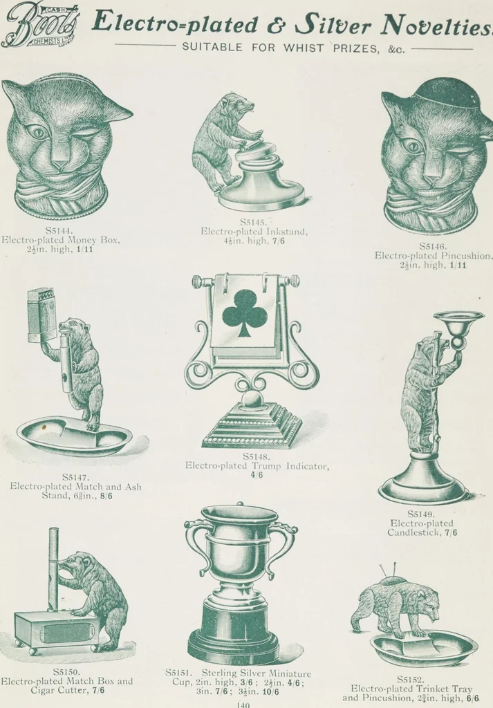 An illustration from Boots leather goods, fancy, silver, toilet, and bound book depts. Season 1910-11, 1910, leaf 144