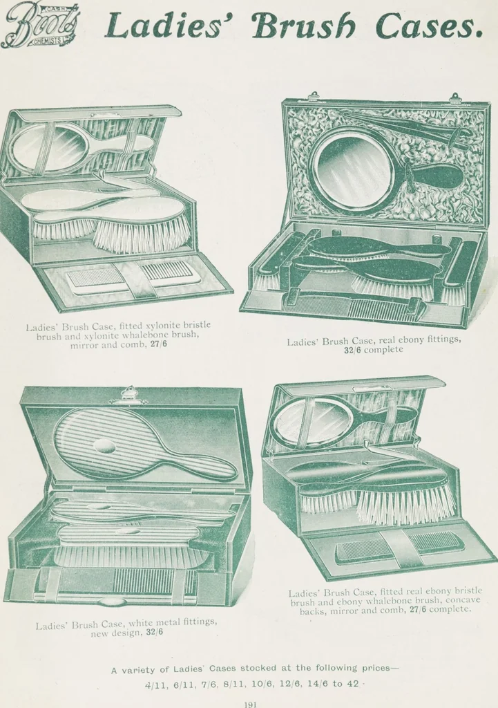 An illustration from Boots leather goods, fancy, silver, toilet, and bound book depts. Season 1910-11, 1910, leaf 195