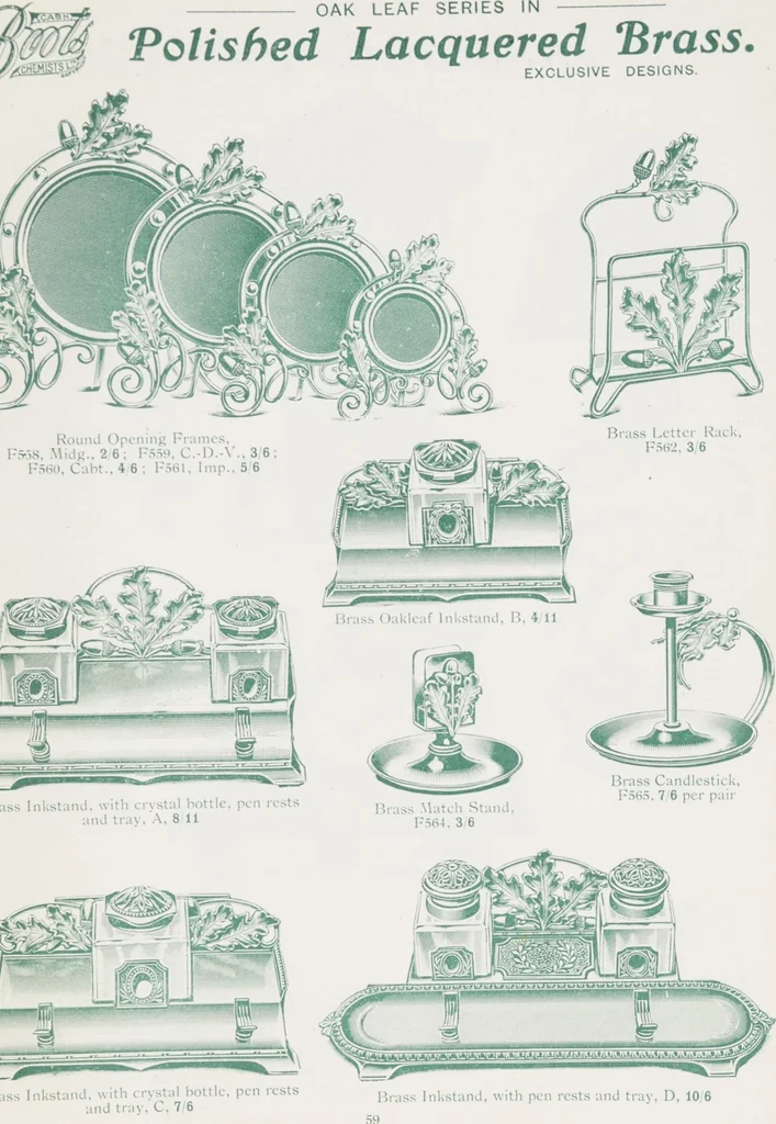 An illustration from Boots leather goods, fancy, silver, toilet, and bound book depts. Season 1910-11, 1910, leaf 63