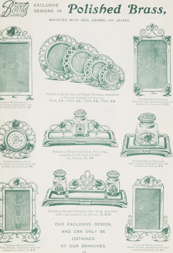 An illustration from Boots leather goods, fancy, silver, toilet, and bound book depts. Season 1910-11, 1910, leaf 69