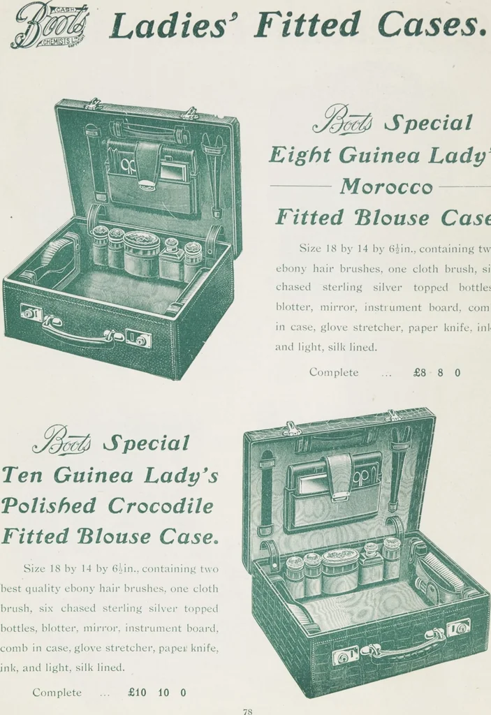 An illustration from Boots leather goods, fancy, silver, toilet, and bound book depts. Season 1910-11, 1910, leaf 82