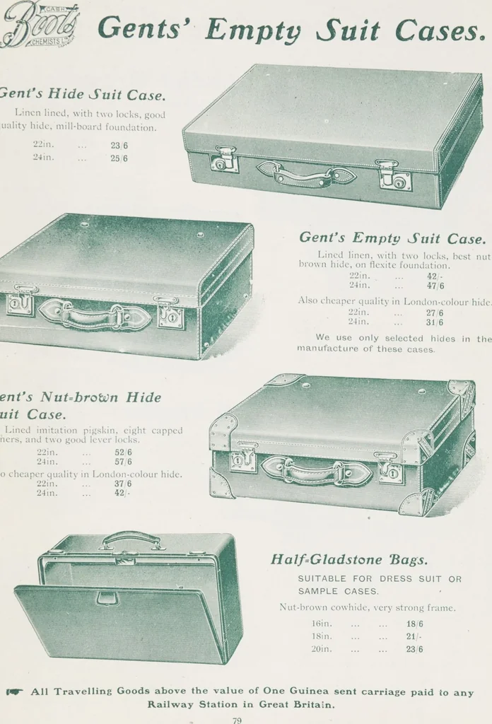 An illustration from Boots leather goods, fancy, silver, toilet, and bound book depts. Season 1910-11, 1910, leaf 83